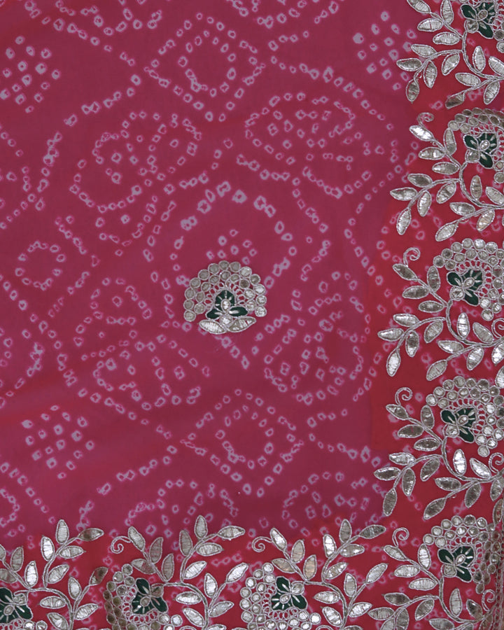 ISHNA Pink Bandhani Saree With Rounded Layered Petal Border
