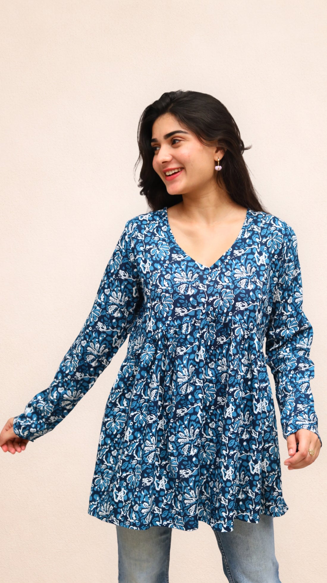 Dark Blue Floral Peplum Top