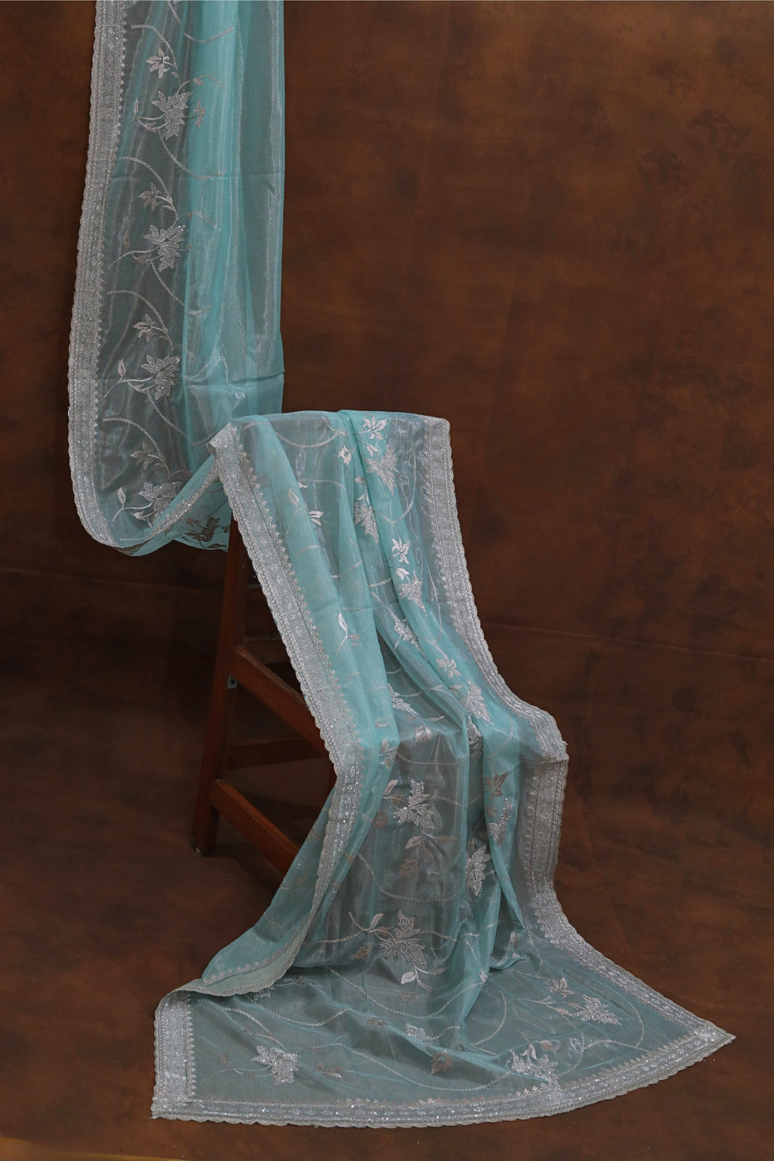 Crystal Blue Organza Tissue Saree with Spring leaf stone Embroidery