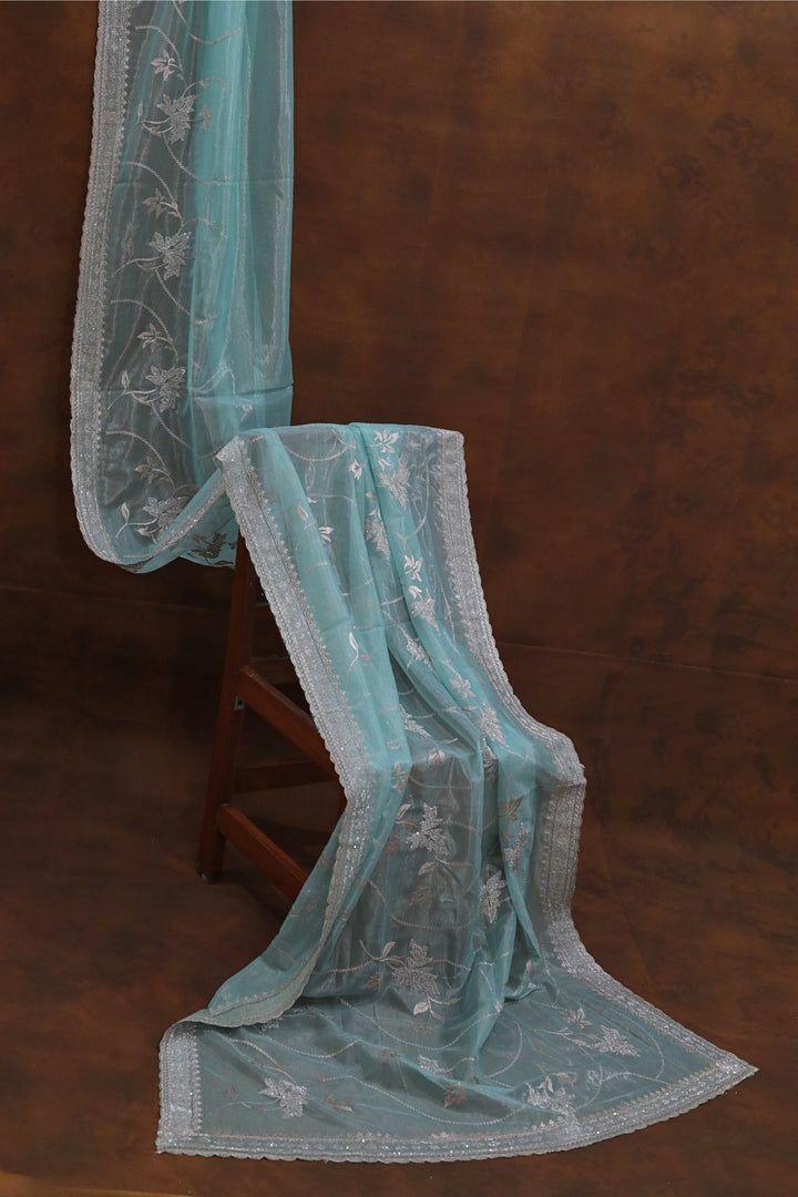 Crystal Blue Organza Tissue Saree with Spring leaf stone Embroidery