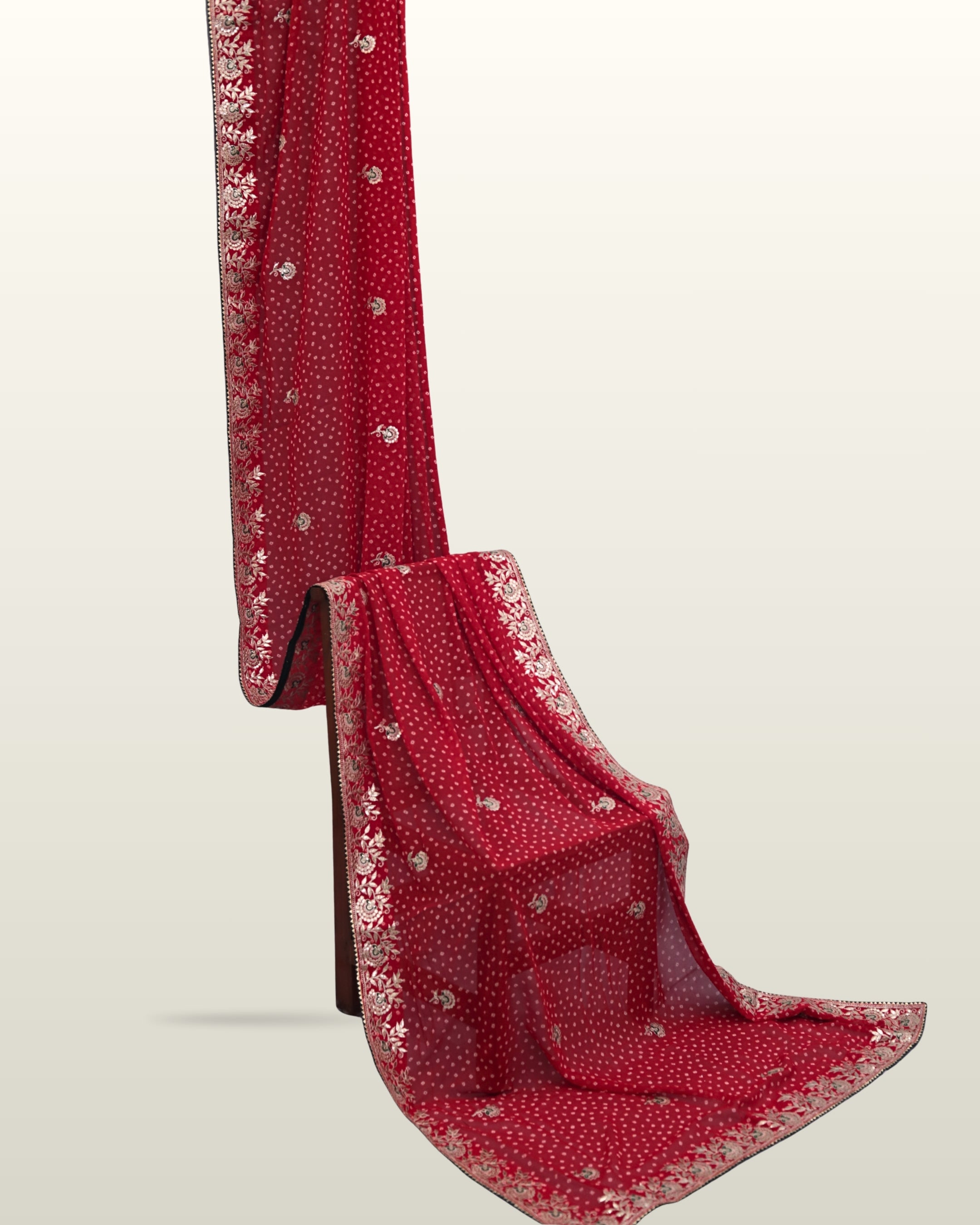 ISHNA Red Bandhani Saree With Floral Butti Border