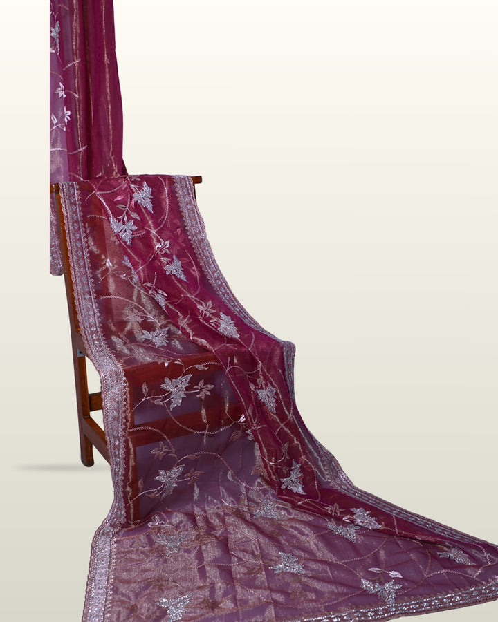 Mauve Wine Organza Tissue Saree with Spring  leaf Stone Embroidery