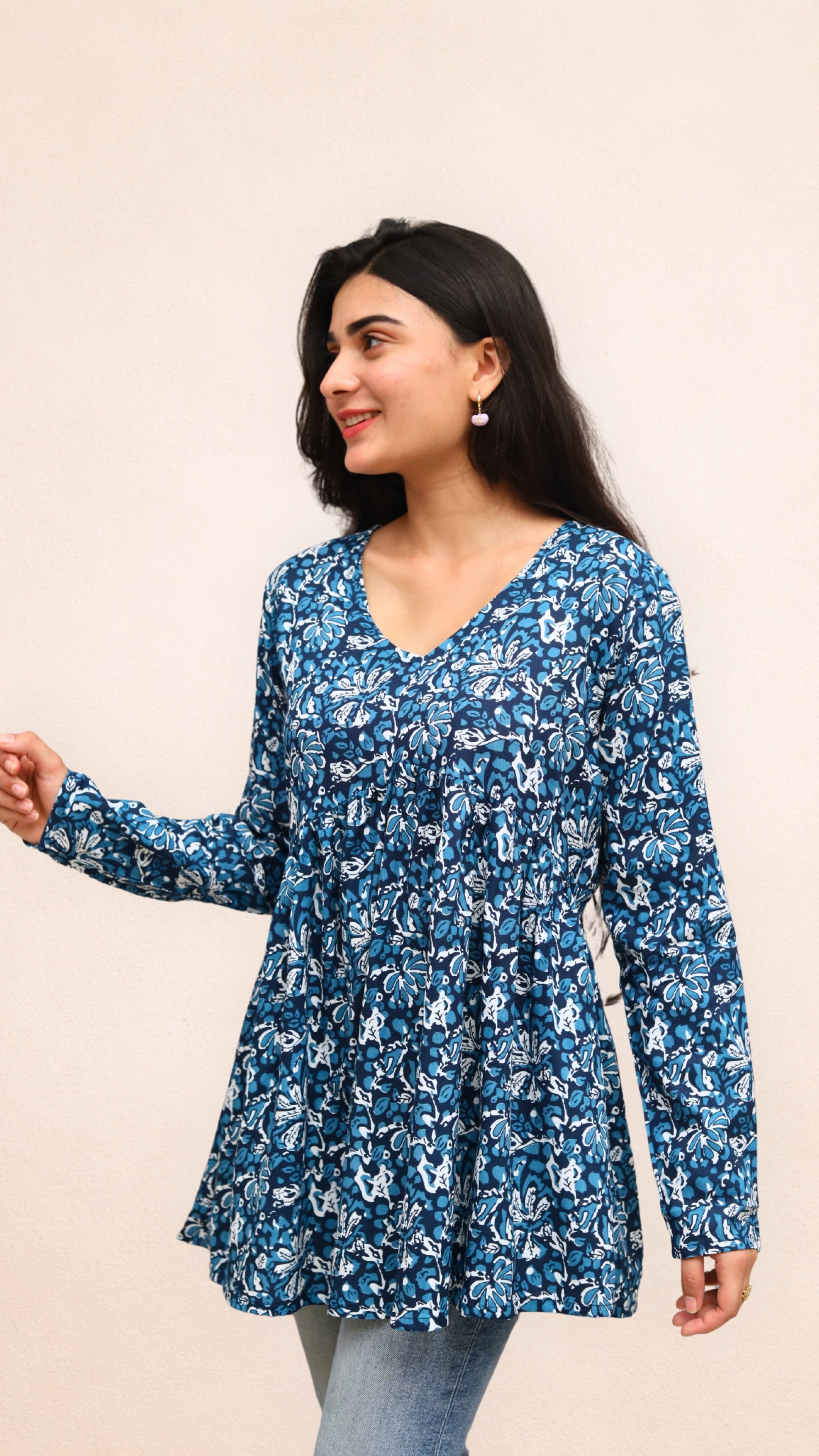 Dark Blue Floral Peplum Top