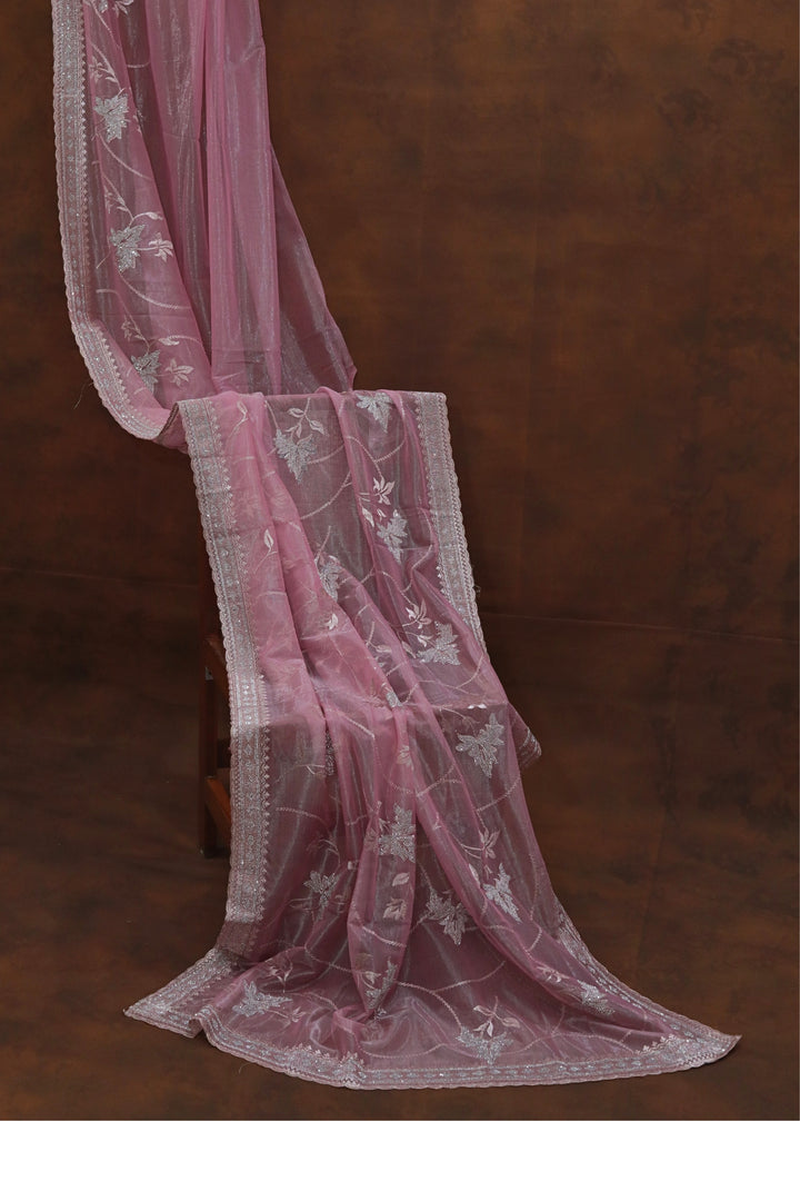 Salmon Pink Organza Tissue Saree with  Spring leaf stone Embroidery
