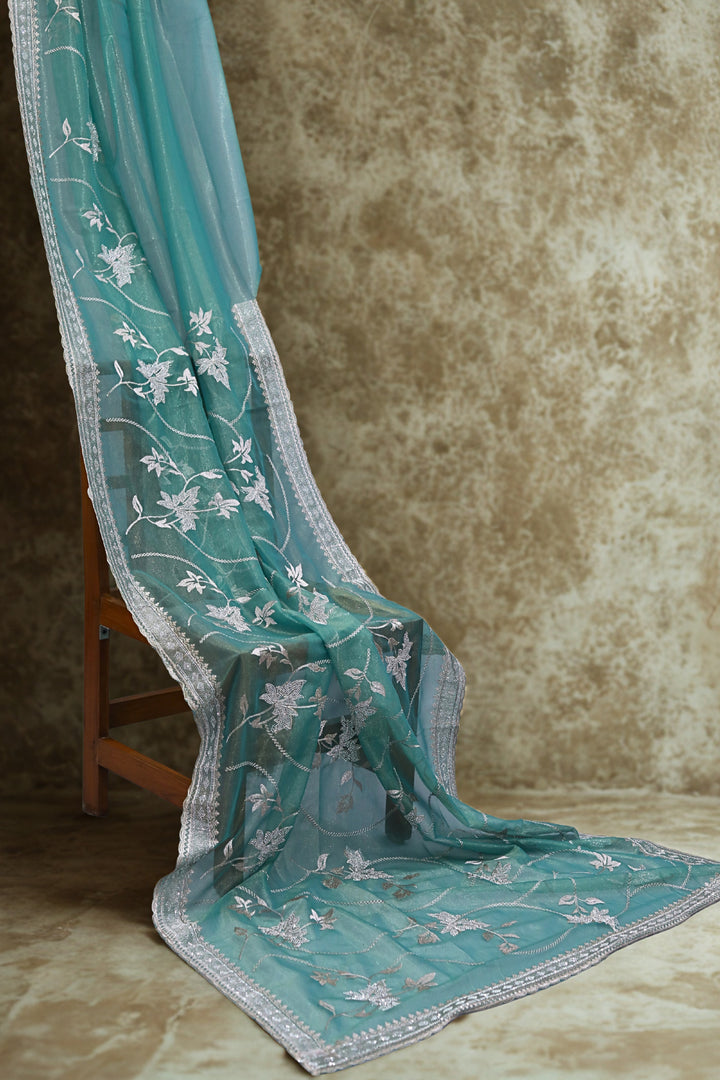 Soft Sea Green Organza Tissue Saree with Spring Leaf Stone Embroidery