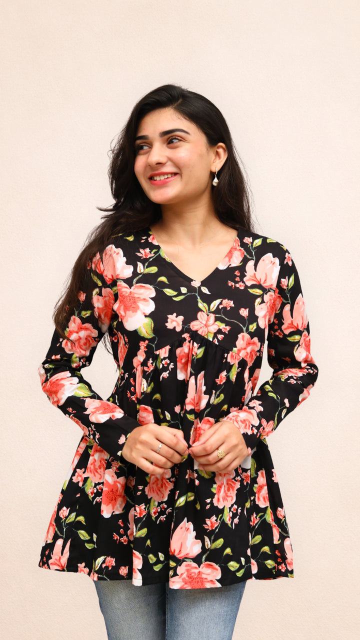 Black Floral Peplum Top