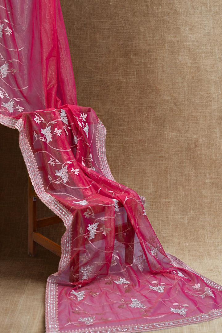 Bright Rose Pink Organza Tissue Saree with Spring Leaf Stone Embroidery