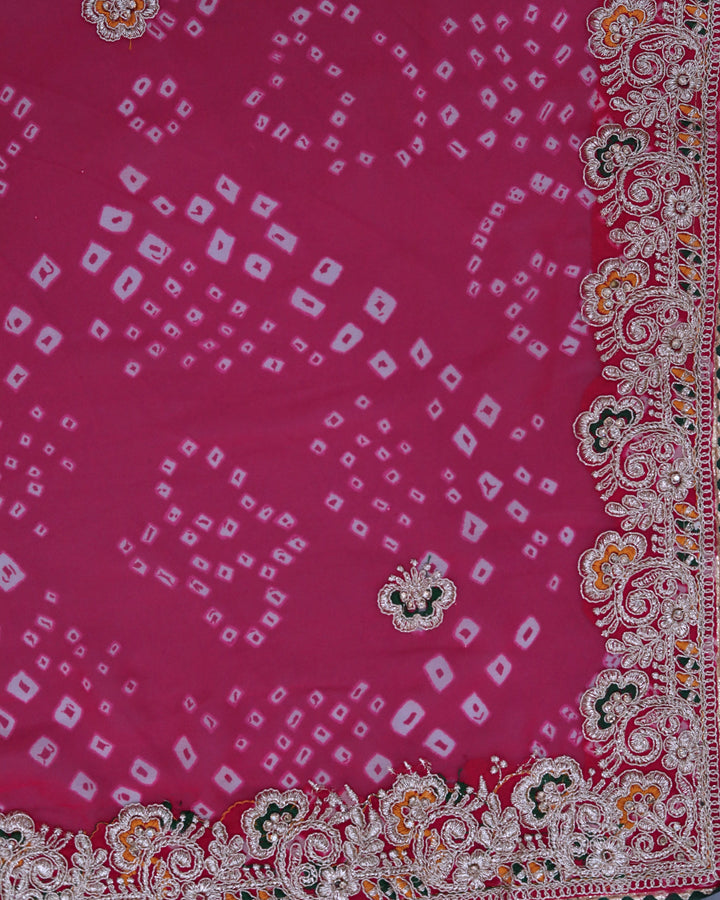 ISHNA Pink Bandhani Saree With Single Flower Border and Theard Work