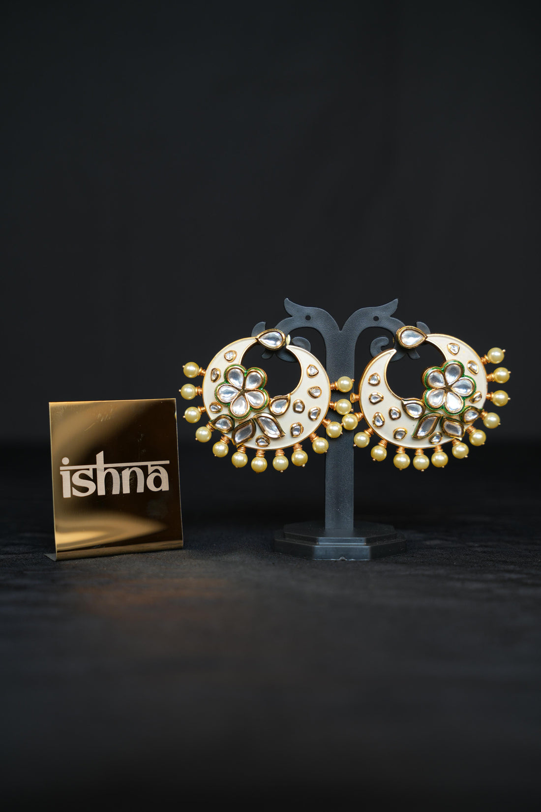 White Enamel Half Moon Chandbali Earrings