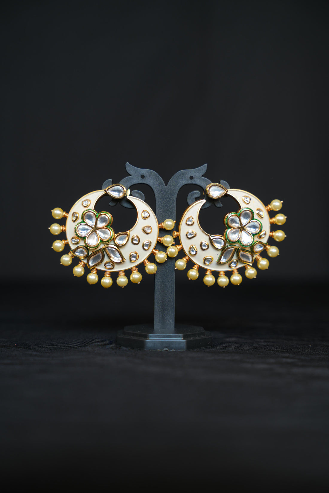 White Enamel Half Moon Chandbali Earrings