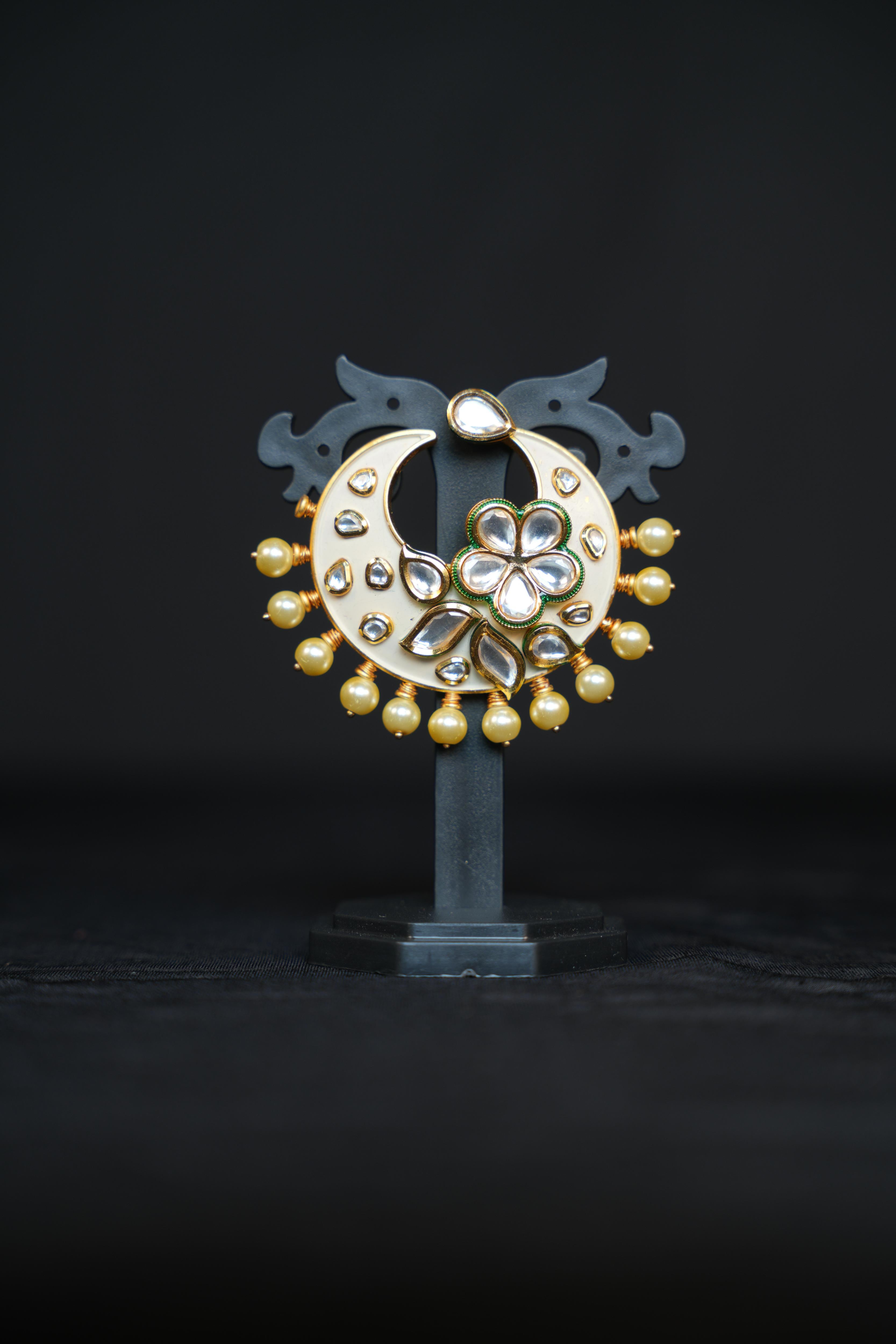 White Enamel Half Moon Chandbali Earrings