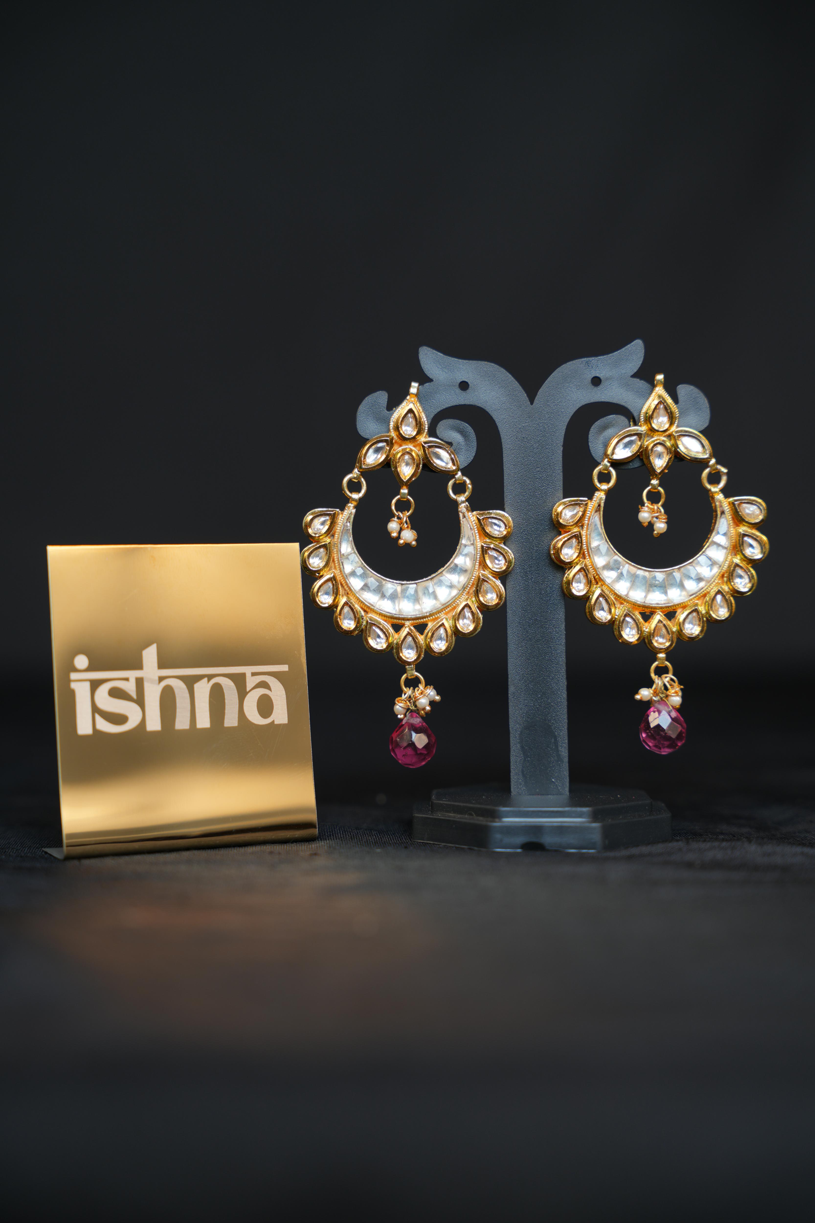 Golden Kundan Chandbali Earrings with Pink Drop