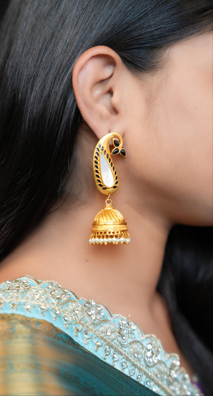 Matte Gold Paisley Jhumkas with Pearl Drops