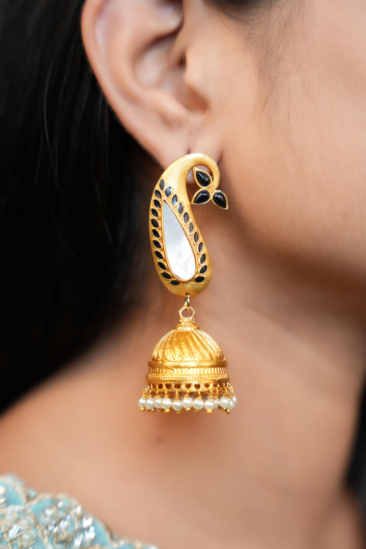 Matte Gold Paisley Jhumkas with Pearl Drops