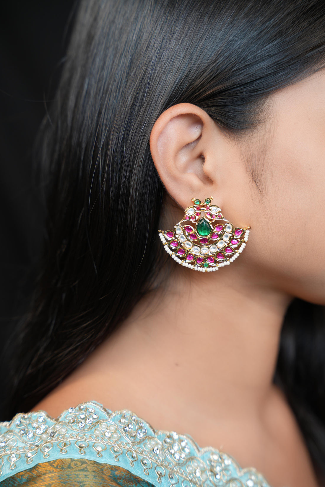 Gulabi Kundan Chandbali Earrings