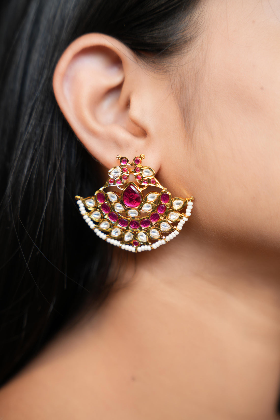 Gulabi Kundan Chandbali Earrings