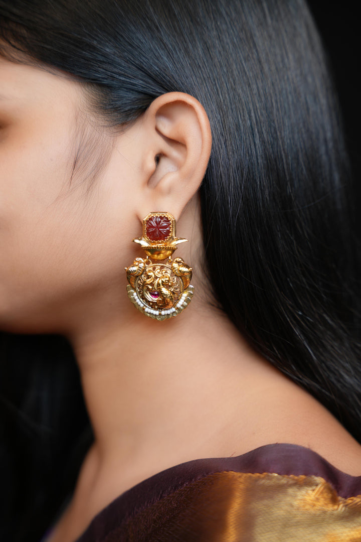 Antique Gold Peacock Temple Earrings