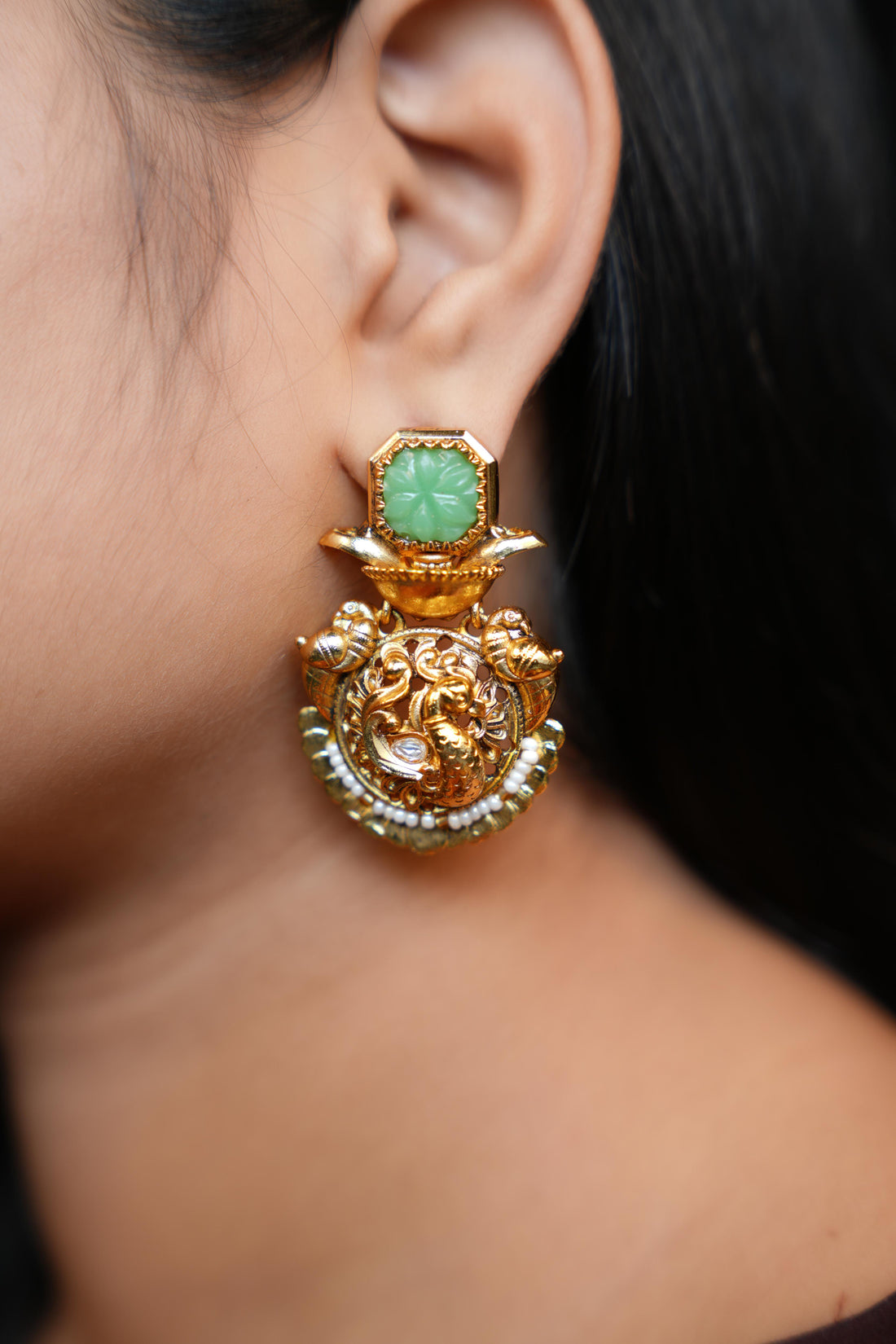 Antique Gold Peacock Temple Earrings