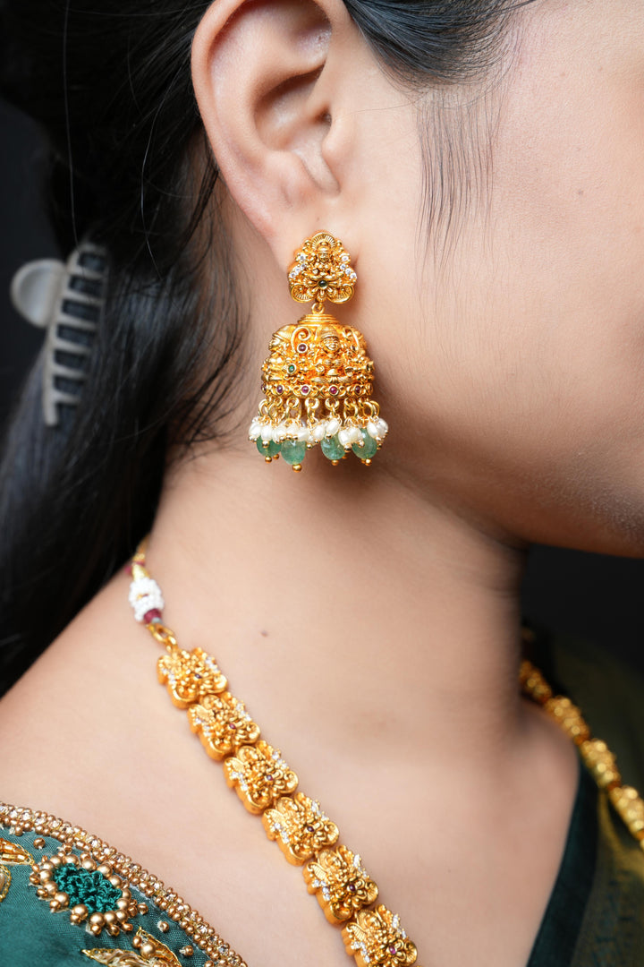 Divine Goddess Lakshmi Emerald Haaram Set