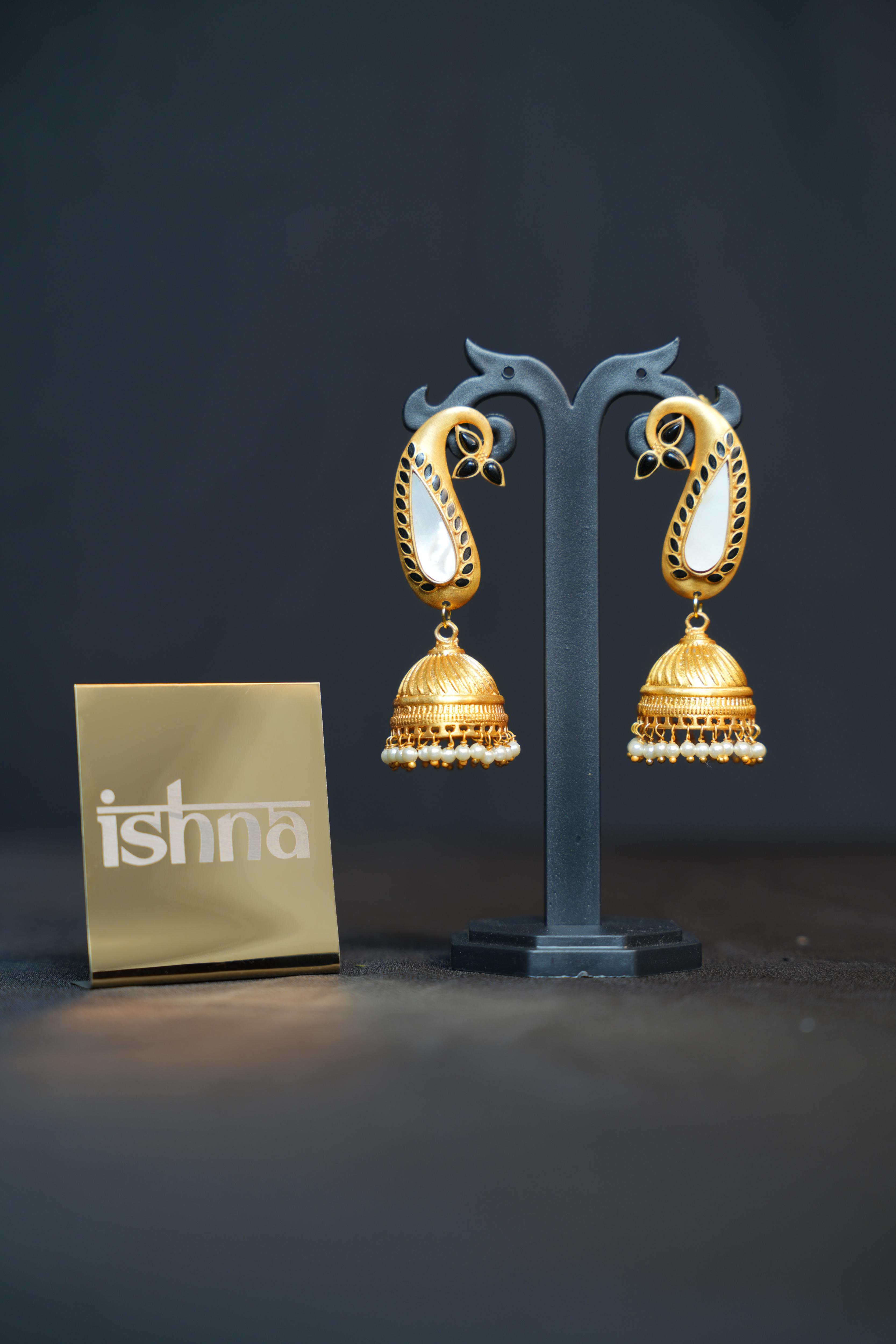 Matte Gold Paisley Jhumkas with Pearl Drops