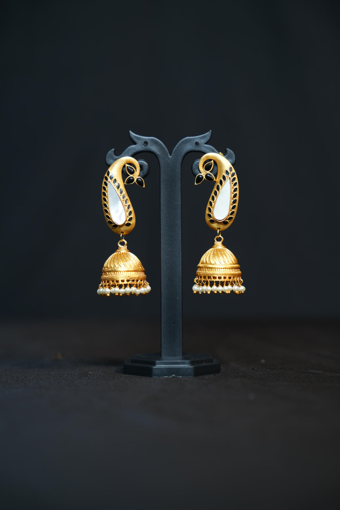 Matte Gold Paisley Jhumkas with Pearl Drops