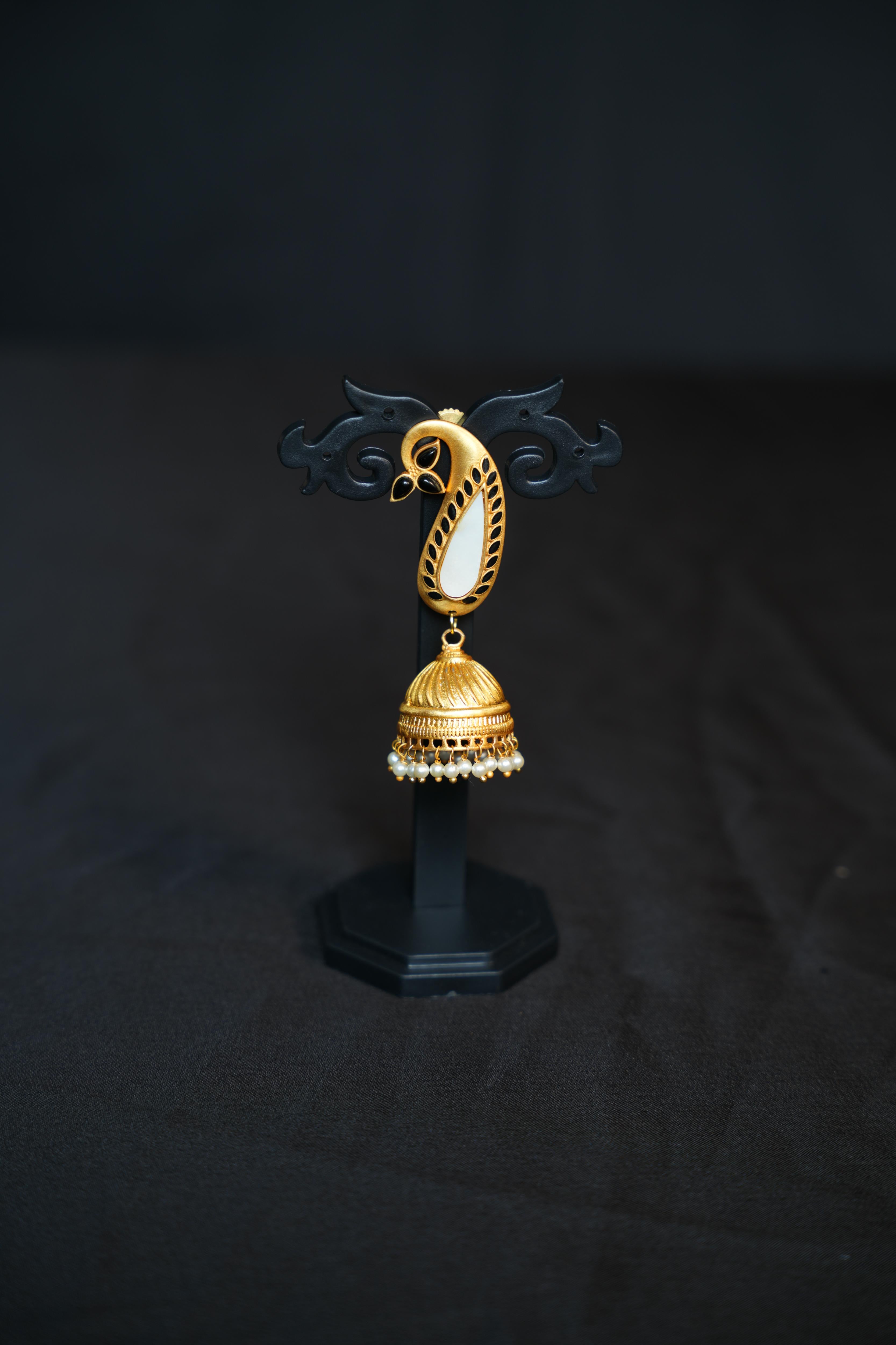 Matte Gold Paisley Jhumkas with Pearl Drops