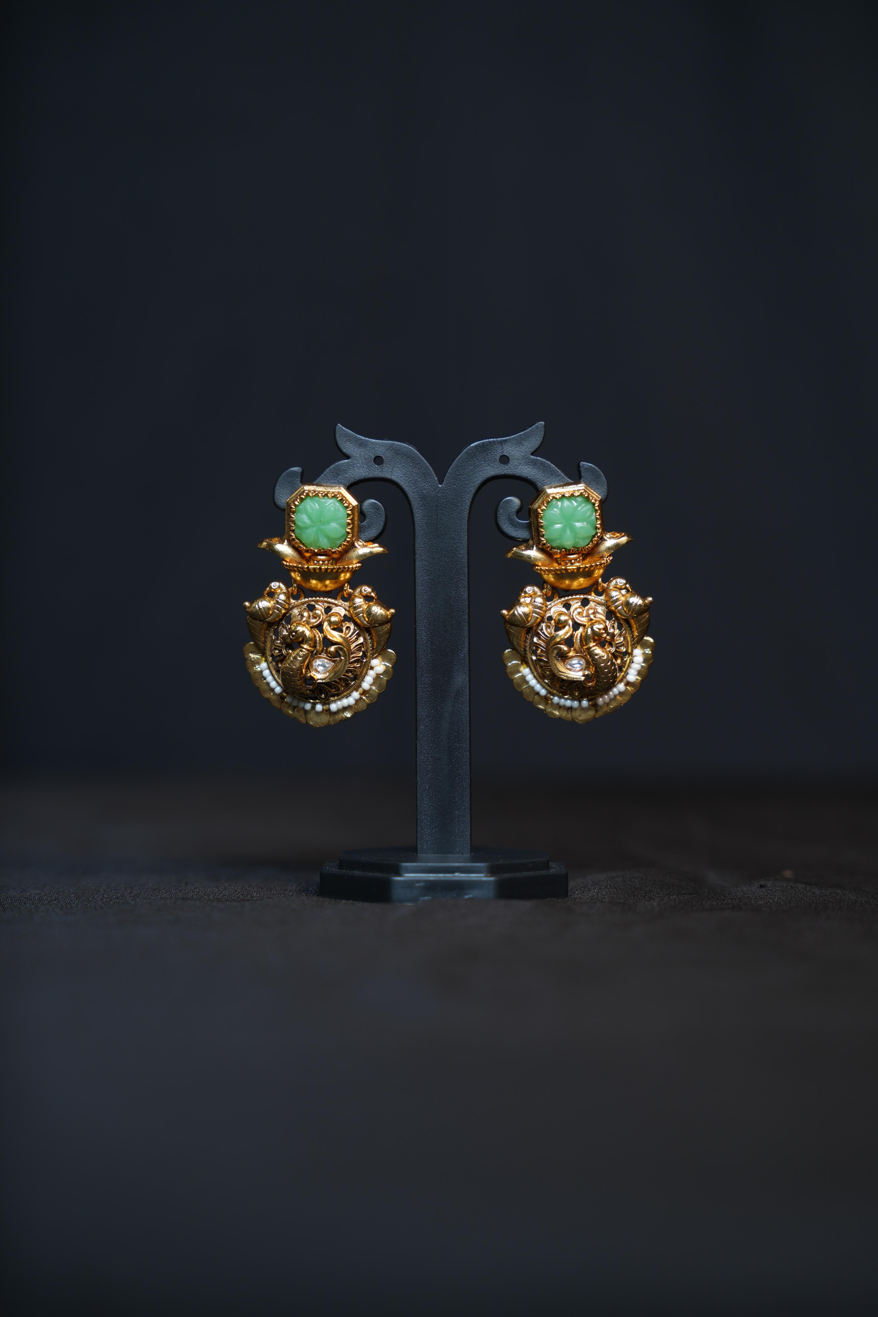 Antique Gold Peacock Temple Earrings