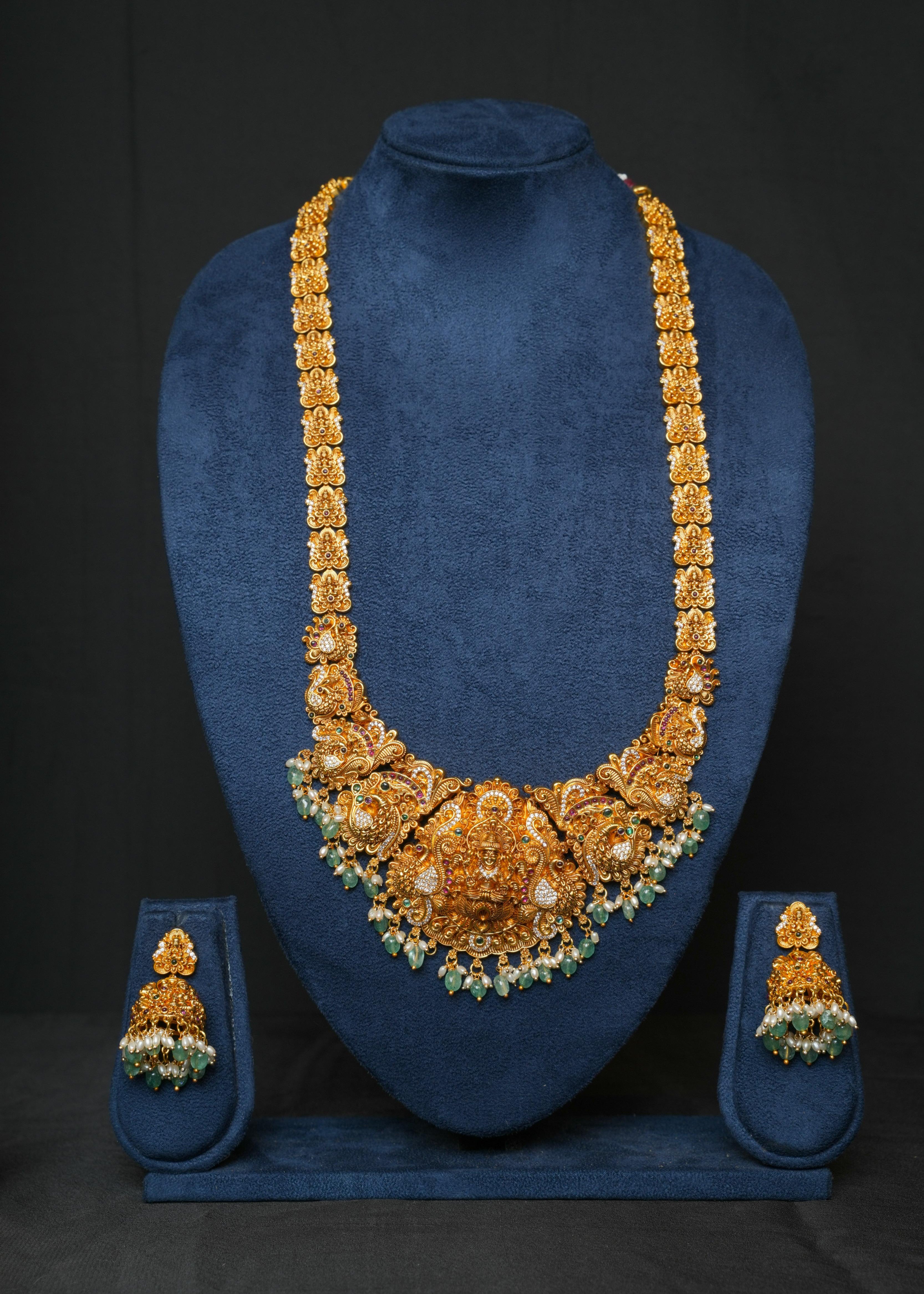 Divine Goddess Lakshmi Emerald Haaram Set