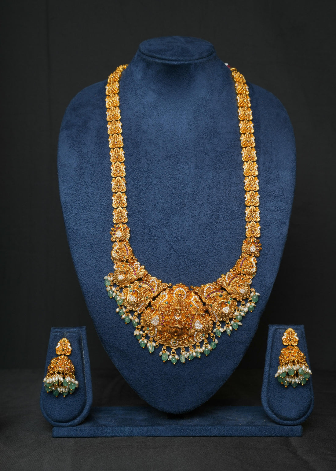 Divine Goddess Lakshmi Emerald Haaram Set