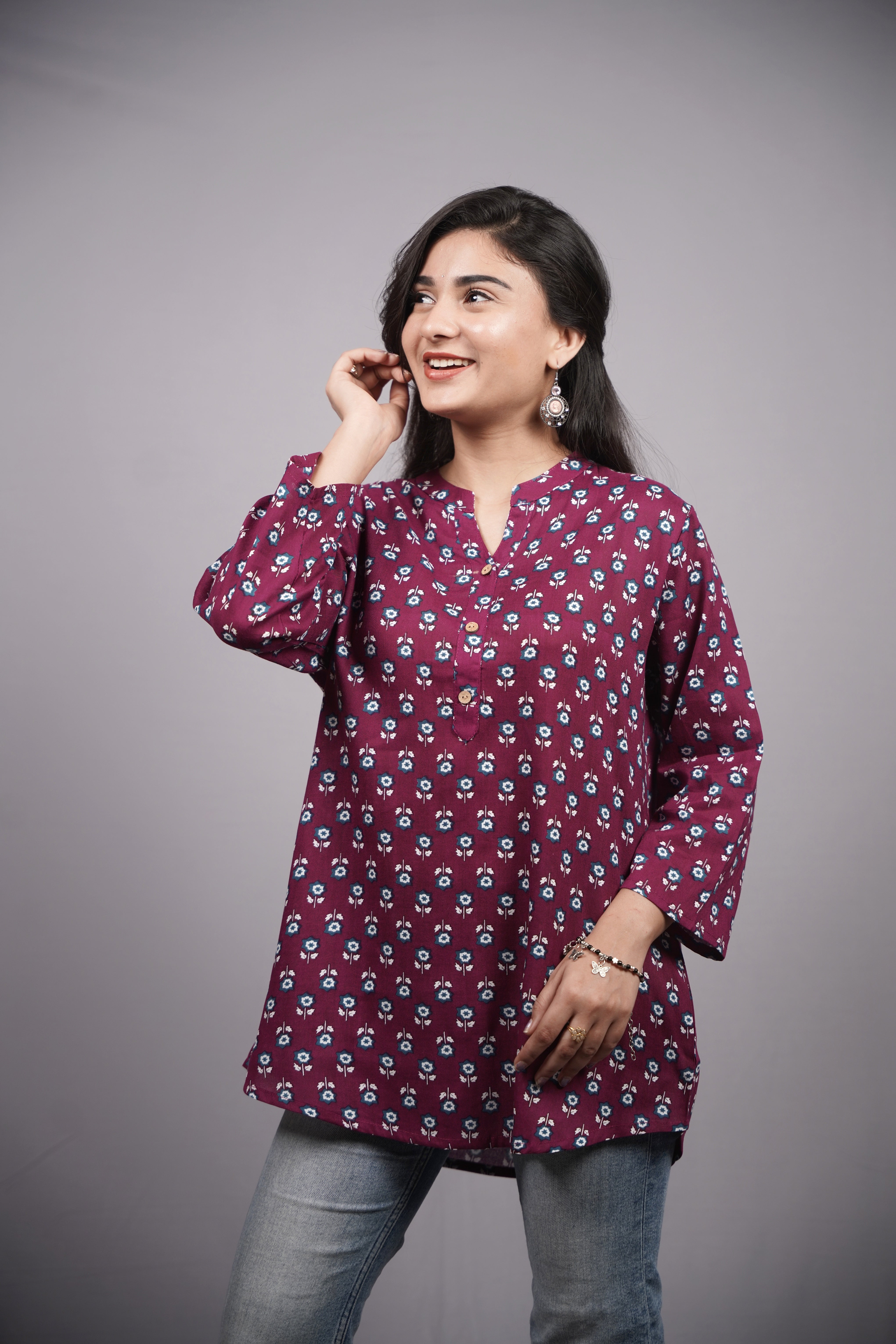 ISHNA Wine Blossom Print Short Kurti