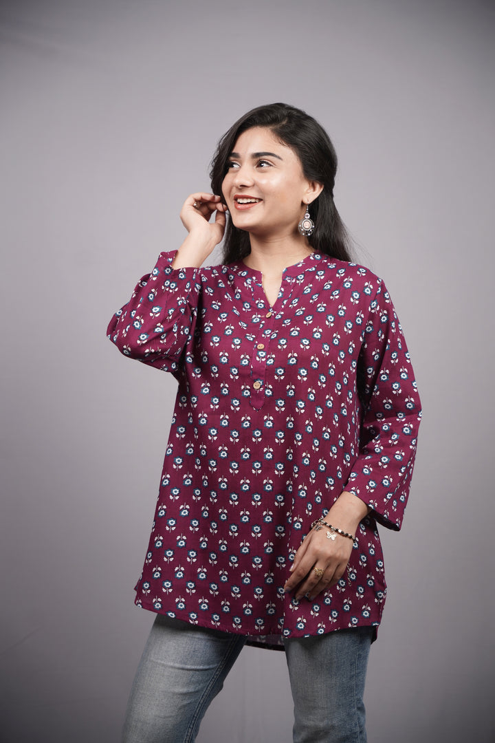 ISHNA Wine Blossom Print Short Kurti