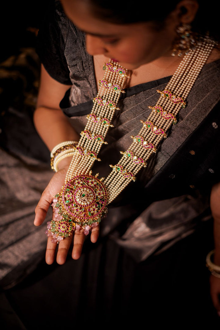 Maharani Multi-layer Pearl Ruby-Emerald haram