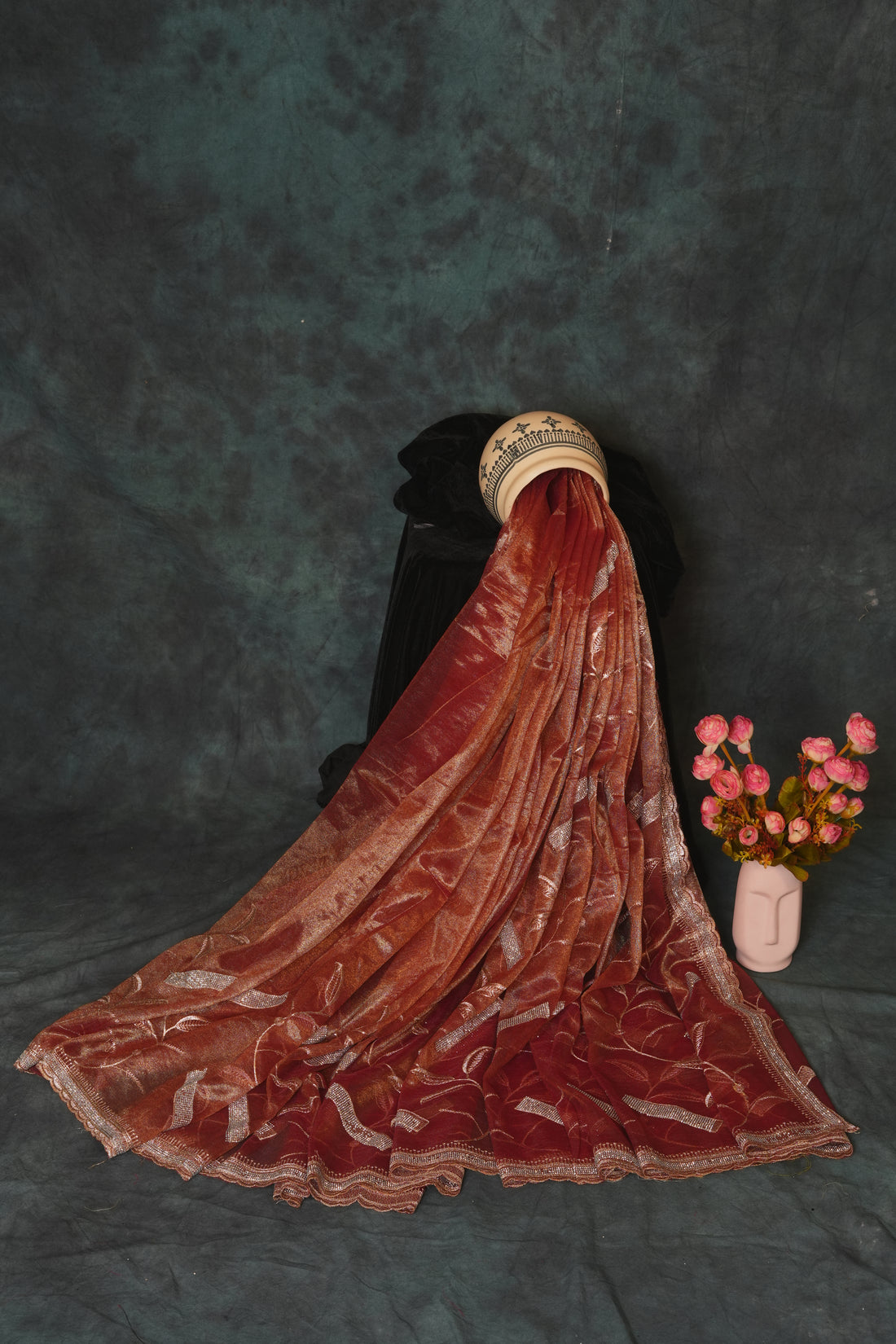 Rich Rust Maroon with Golden Shimmer Organza Tissue Saree