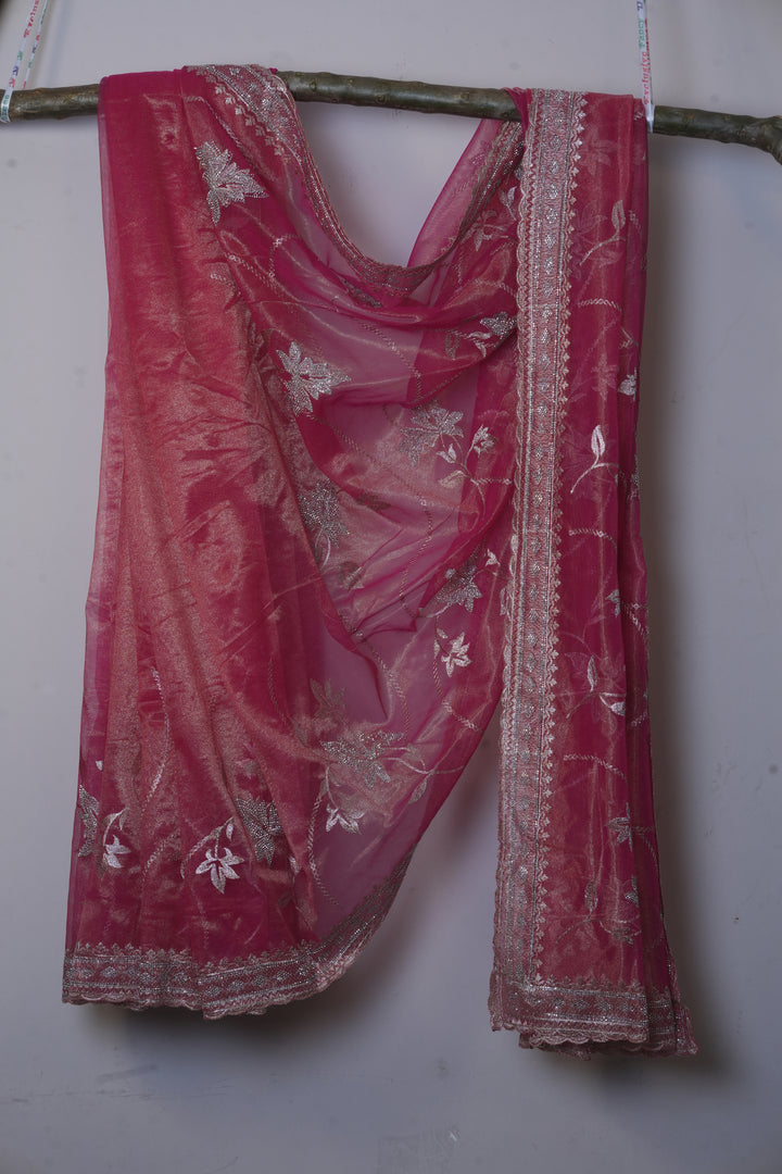 Deep Raspberry Pink Light Weight Premium Organza Saree With Leaf Embroidary Jari Border