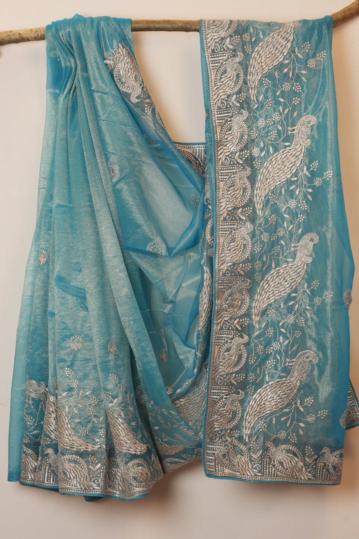 Crystal Blue with Embroidery Border Organza Tissue Saree