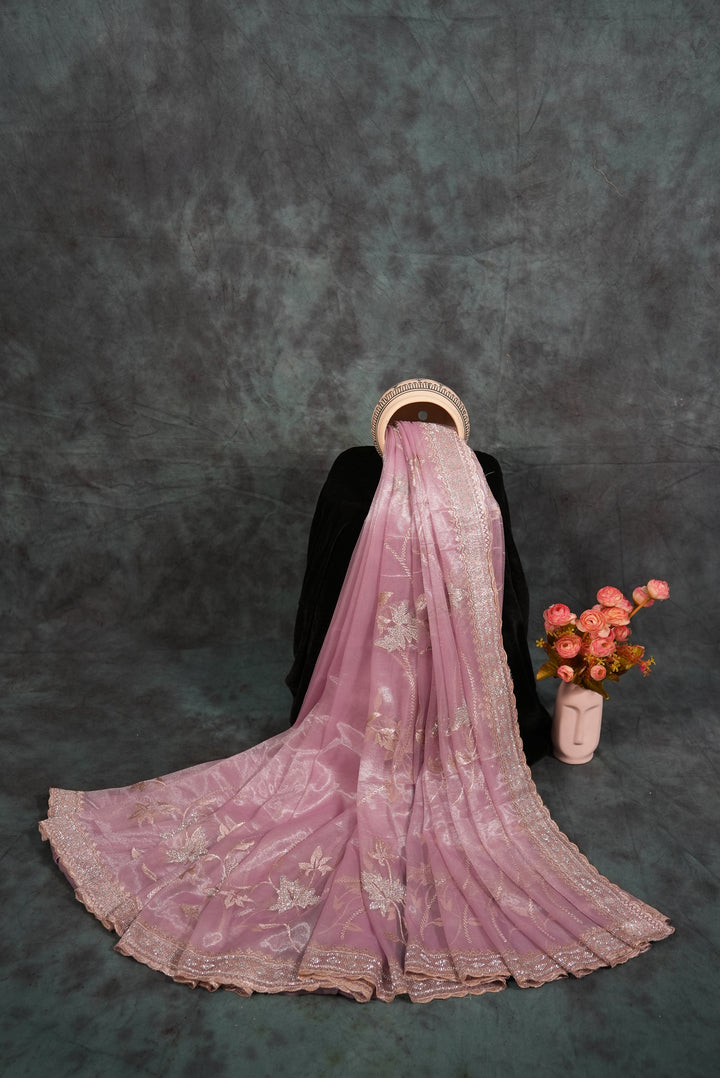 Dusty Rose Pink Organza Tissue Saree