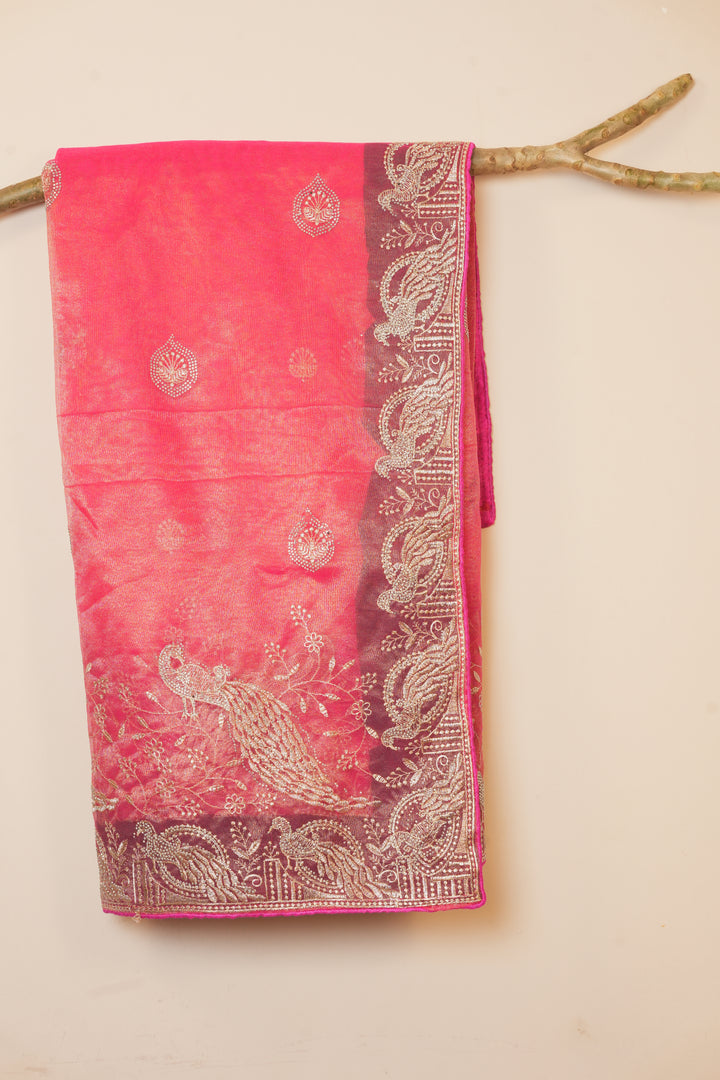 soft peach with lace border Organza Tissue Saree
