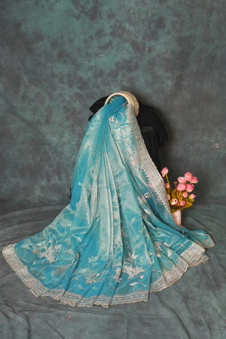 Elegant Teal Blue with Silver Shimmer  Organza Tissue Saree
