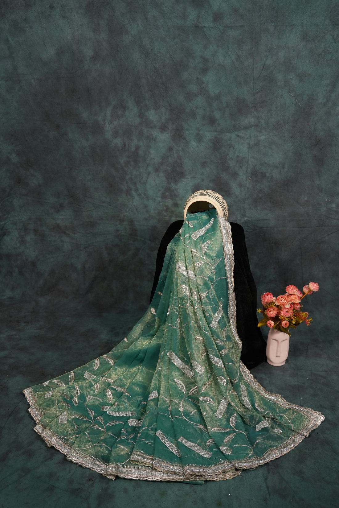 ISHNA Sea Green Organza Tissue Saree