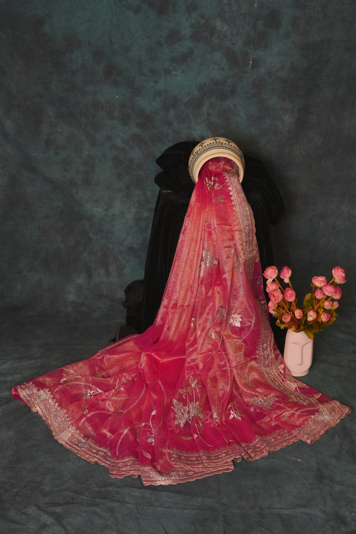 Bright Rose Pink with Golden Shimmer Organza Tissue Saree