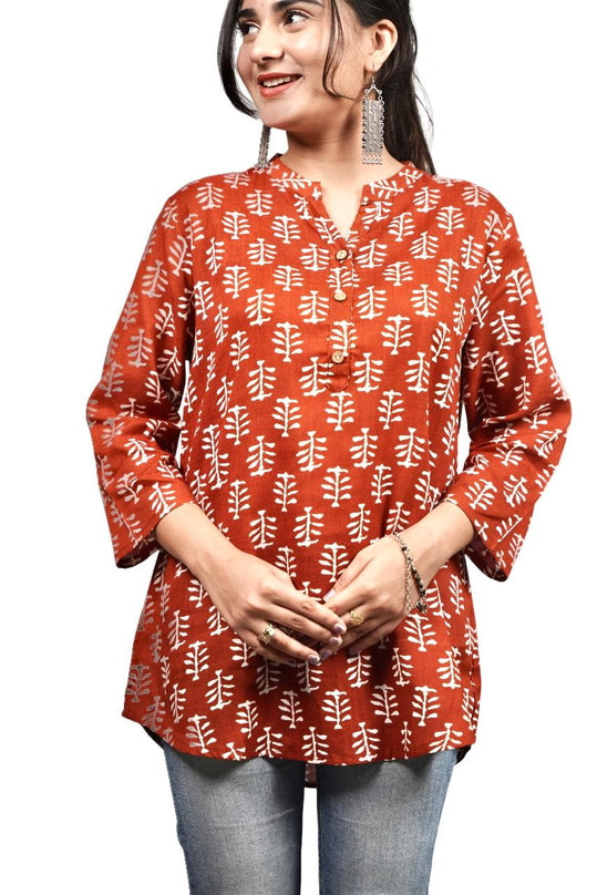 Rust Handblock Aline Collar Short Kurti