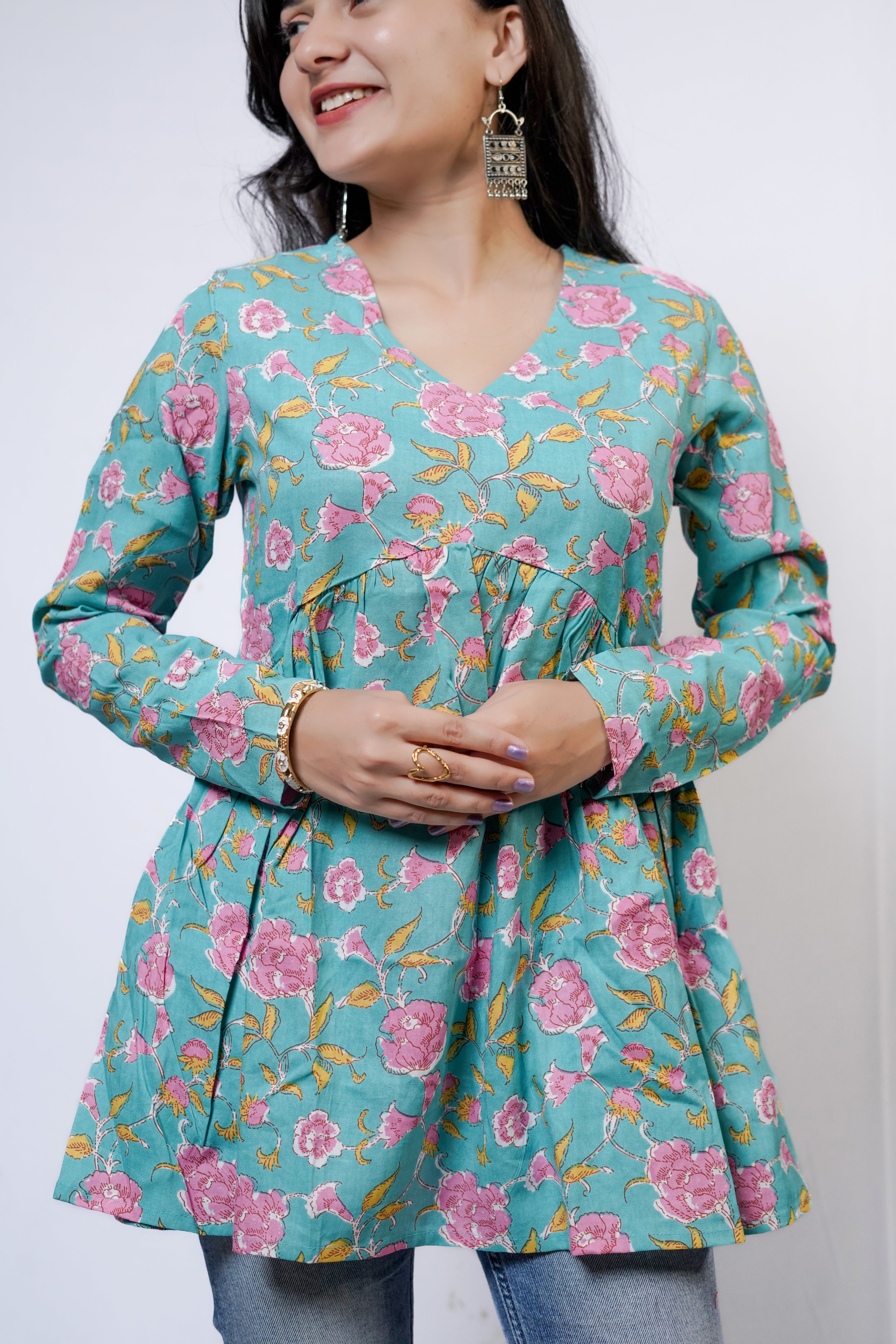AQUA BLOSSOM Floral Flared short kurti