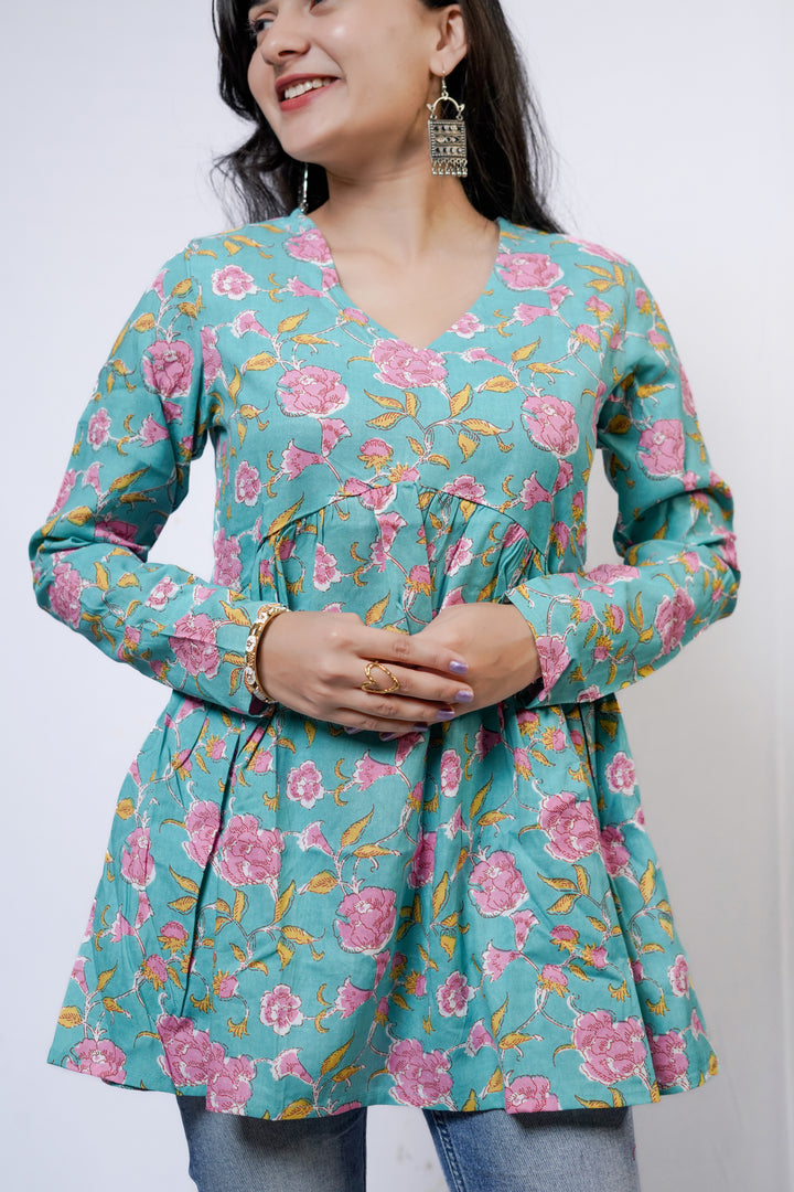 AQUA BLOSSOM Floral Flared short kurti
