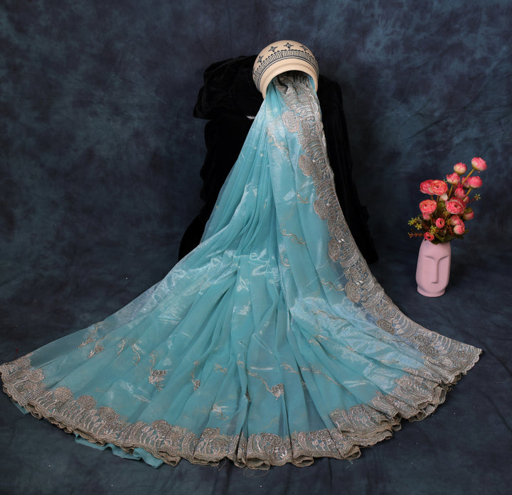 Crystal Blue Light Weight Premium Organza Saree With floral Embroidary Border