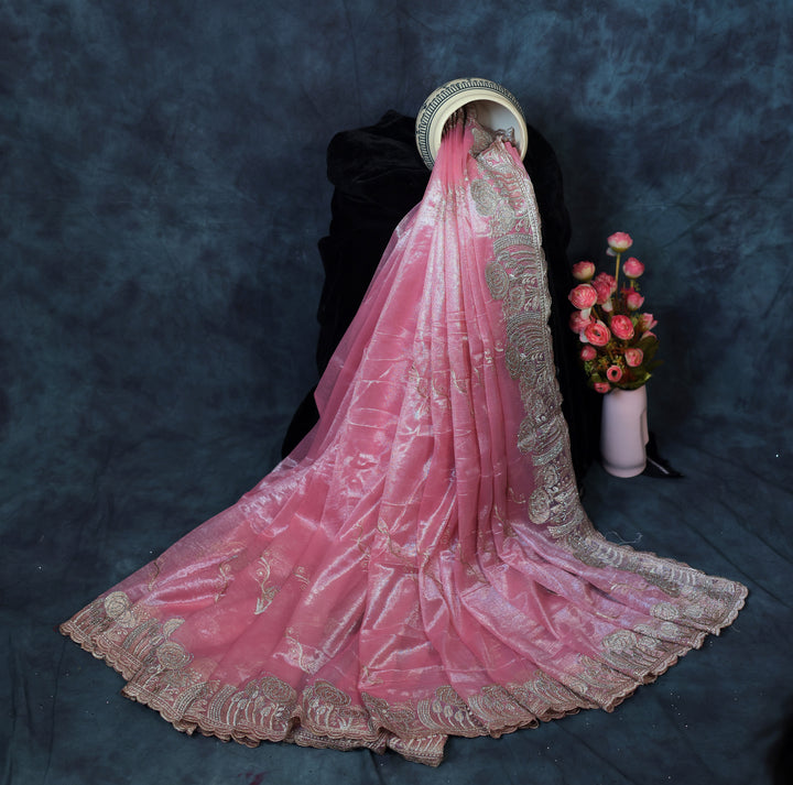 Salmon Pink Light Weight Premium Organza Saree With Floral Embroidary Border