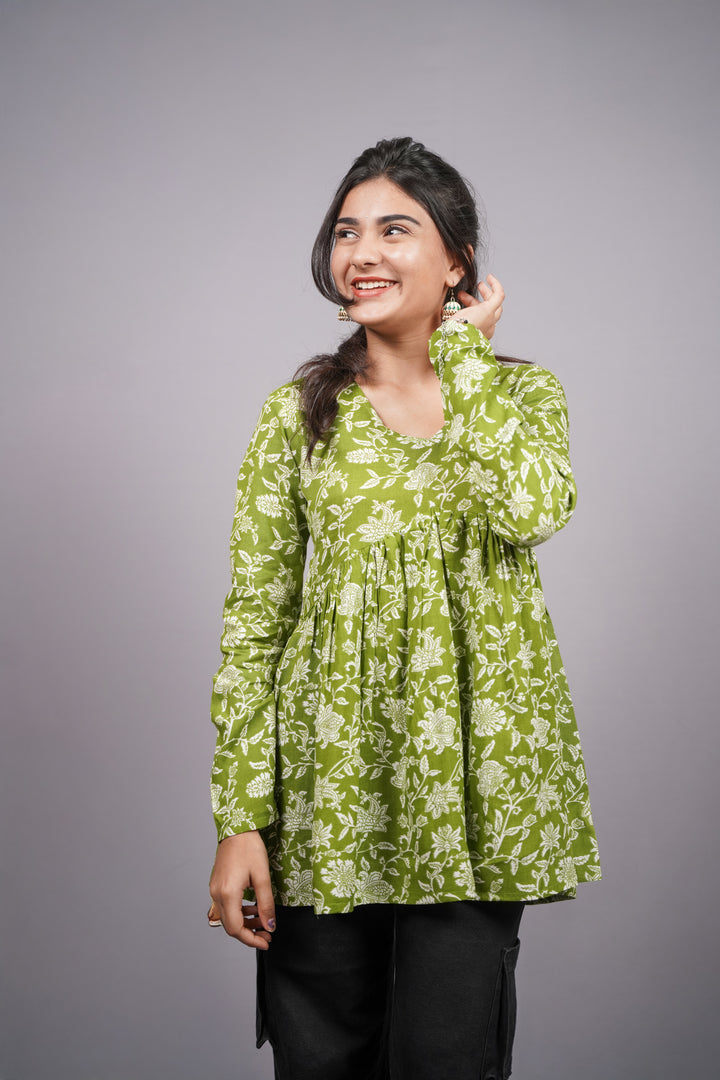 ISHNA Olive Meadow Printed short kurti