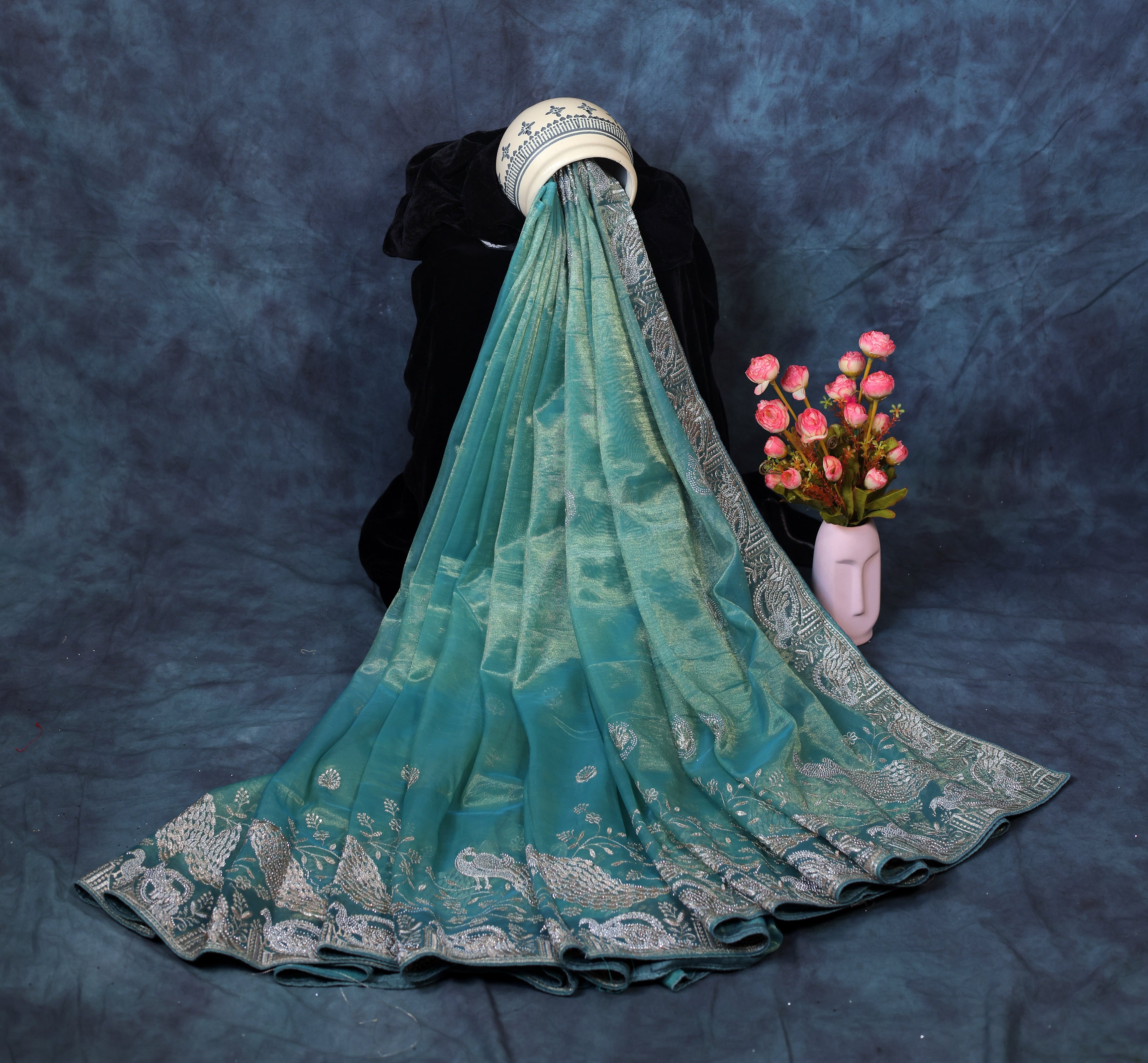 Dark Sea Green Light Weight Premium Organza Saree With Peacock Embroidary Border
