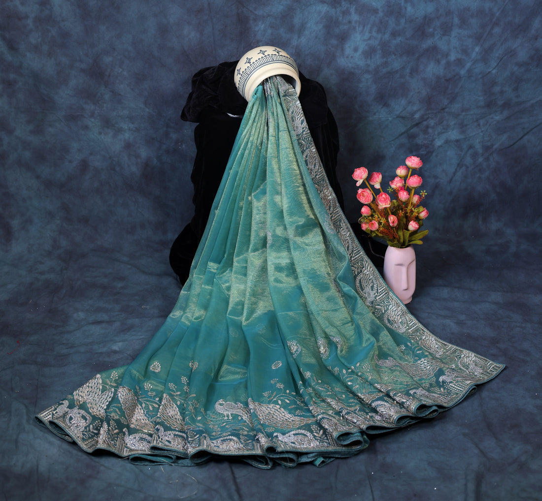 Dark Sea Green Light Weight Premium Organza Saree With Peacock Embroidary Border