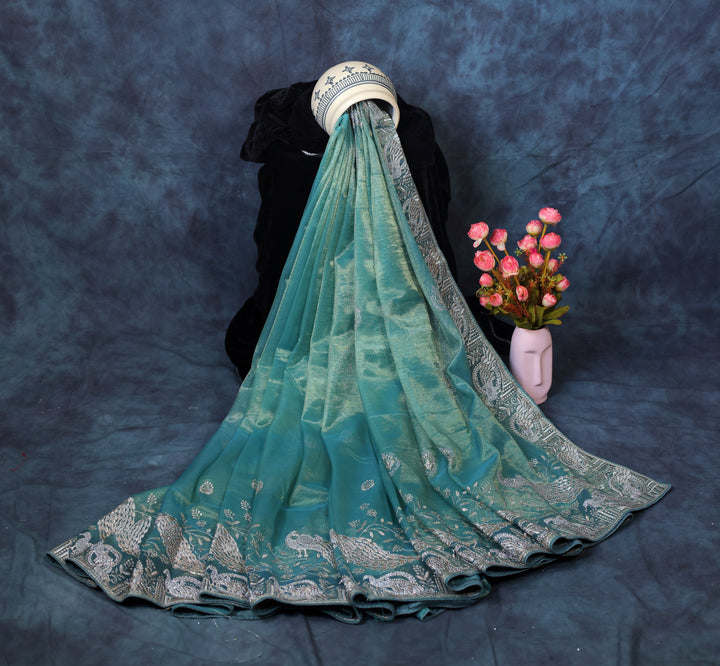 Dark Sea Green Light Weight Premium Organza Saree With Peacock Embroidary Border