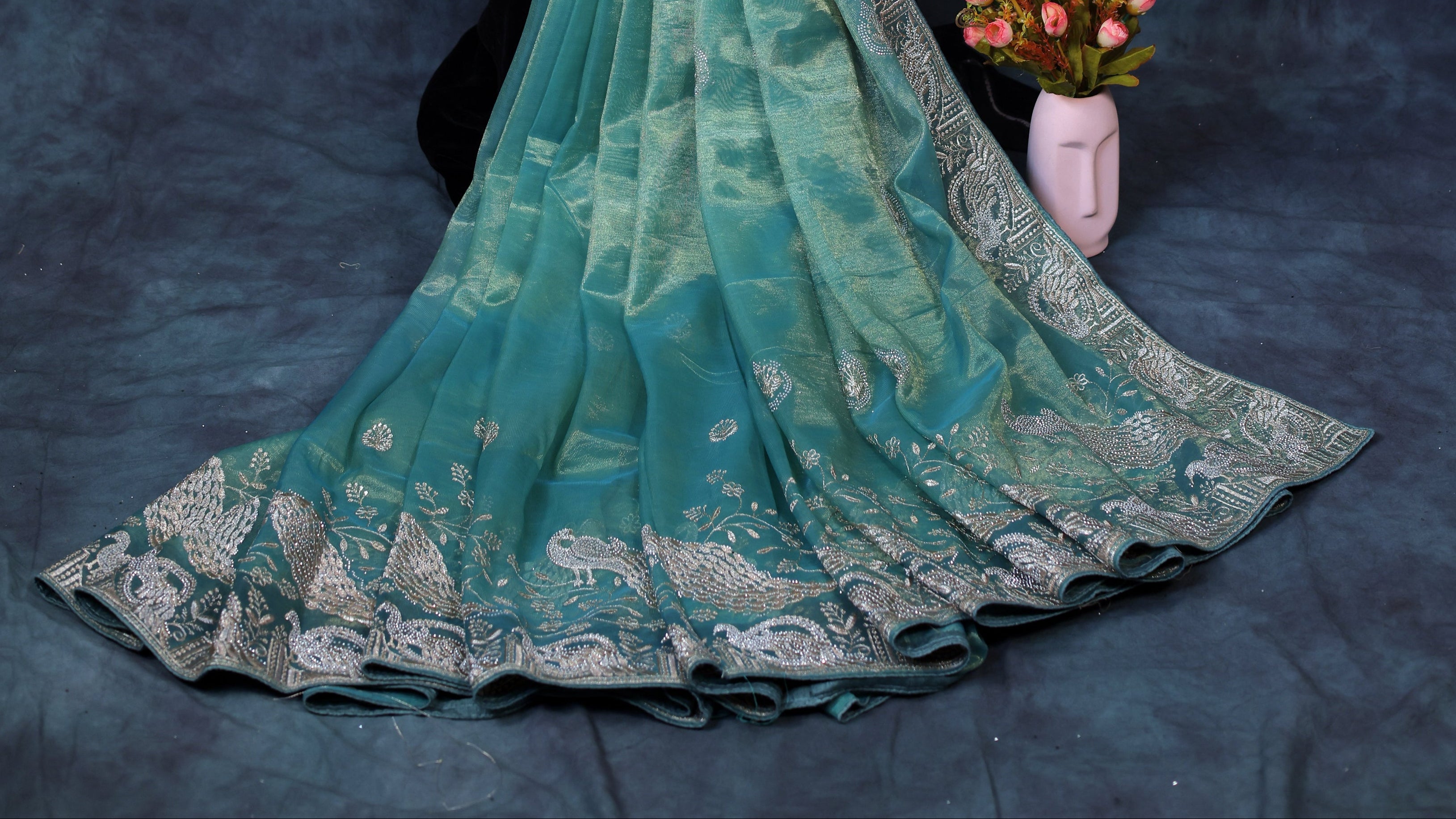 Dark Sea Green Light Weight Premium Organza Saree With Peacock Embroidary Border
